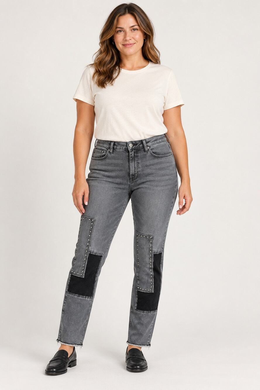 Joseph Ribkoff Size 10 Gray Studded Patchwork Jeans Raw Hem